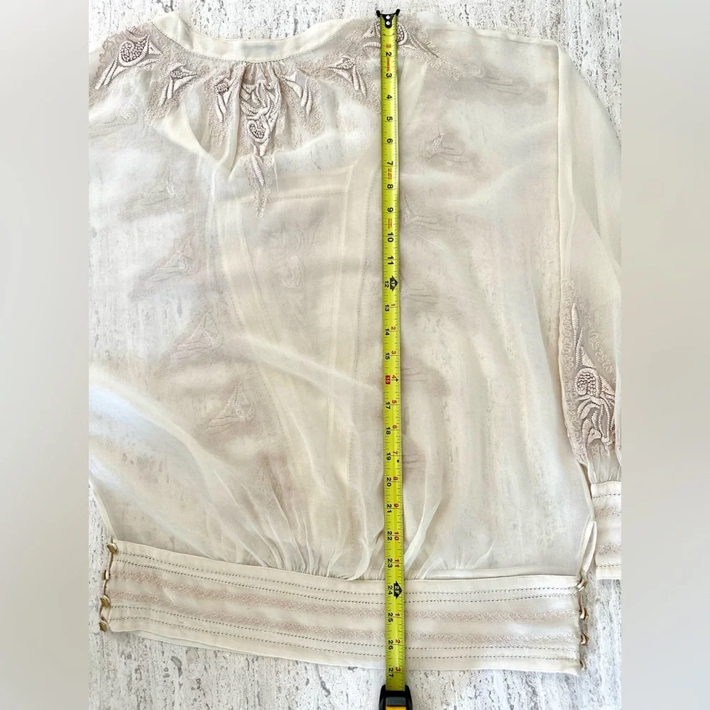 Anthropologie Long Sleeve Embroidered Blouse With Banded Waist, Cream: Size 4